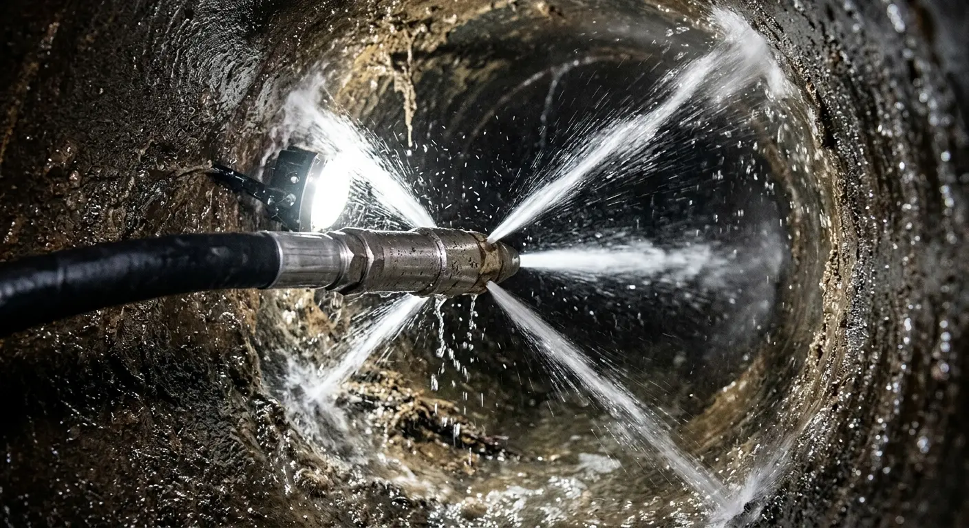 High-pressure hydro jetting nozzle cleaning sewer pipe for Sewer Cleanout in Bowie