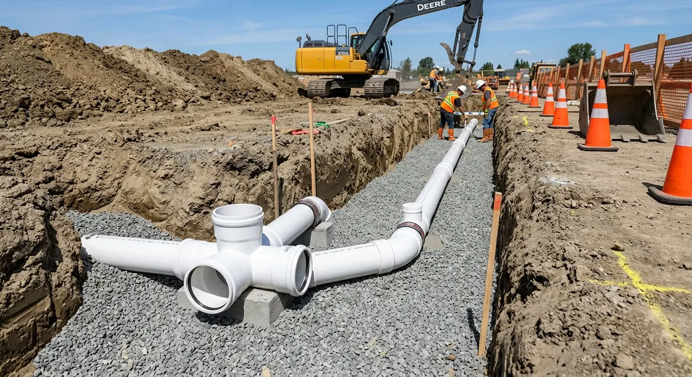 New PVC sewer pipe installation in open trench for Sewer Backup in Bowie