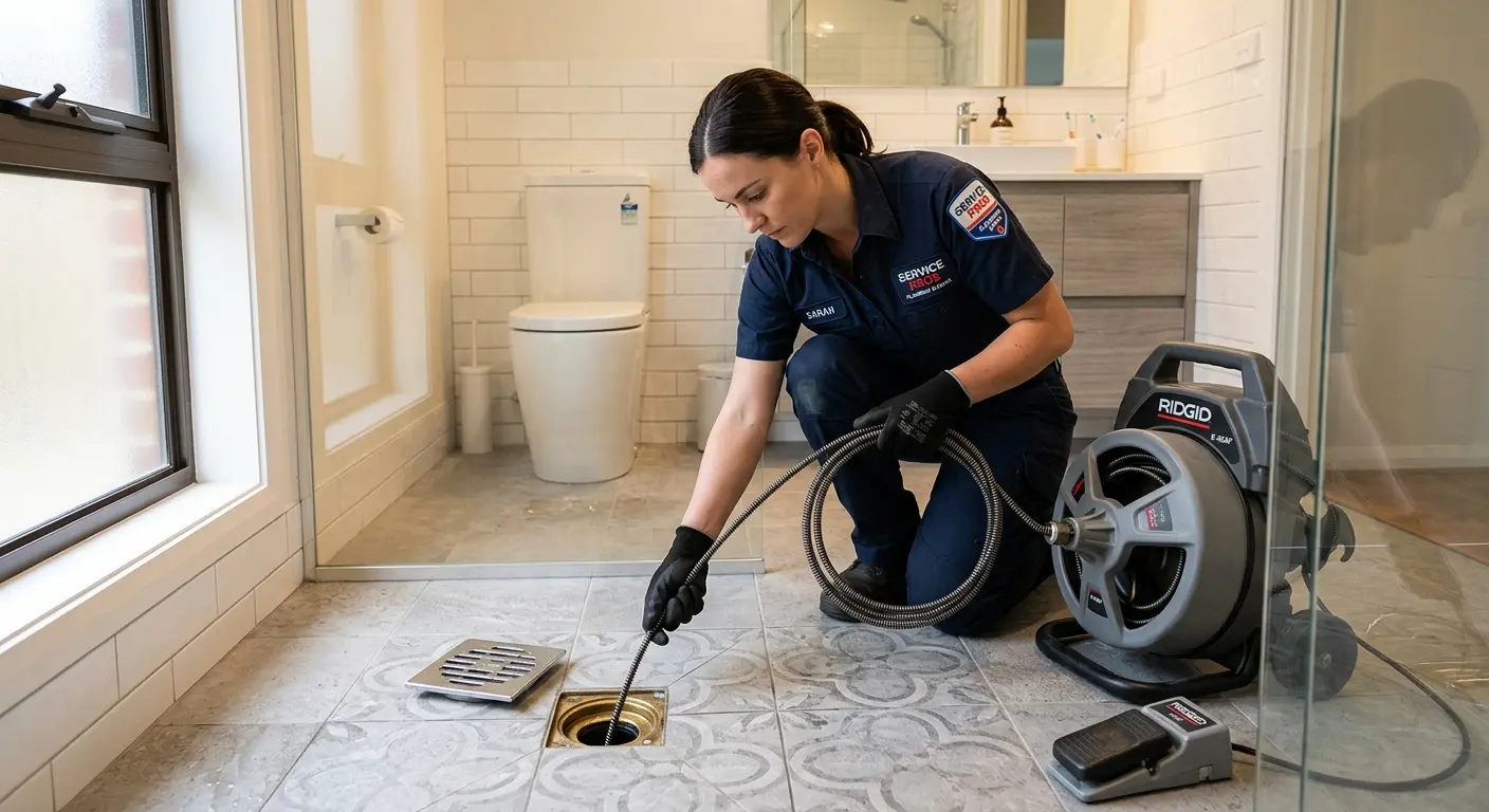 Technician clearing a bathroom floor drain for Drain Cleaning in Bowie